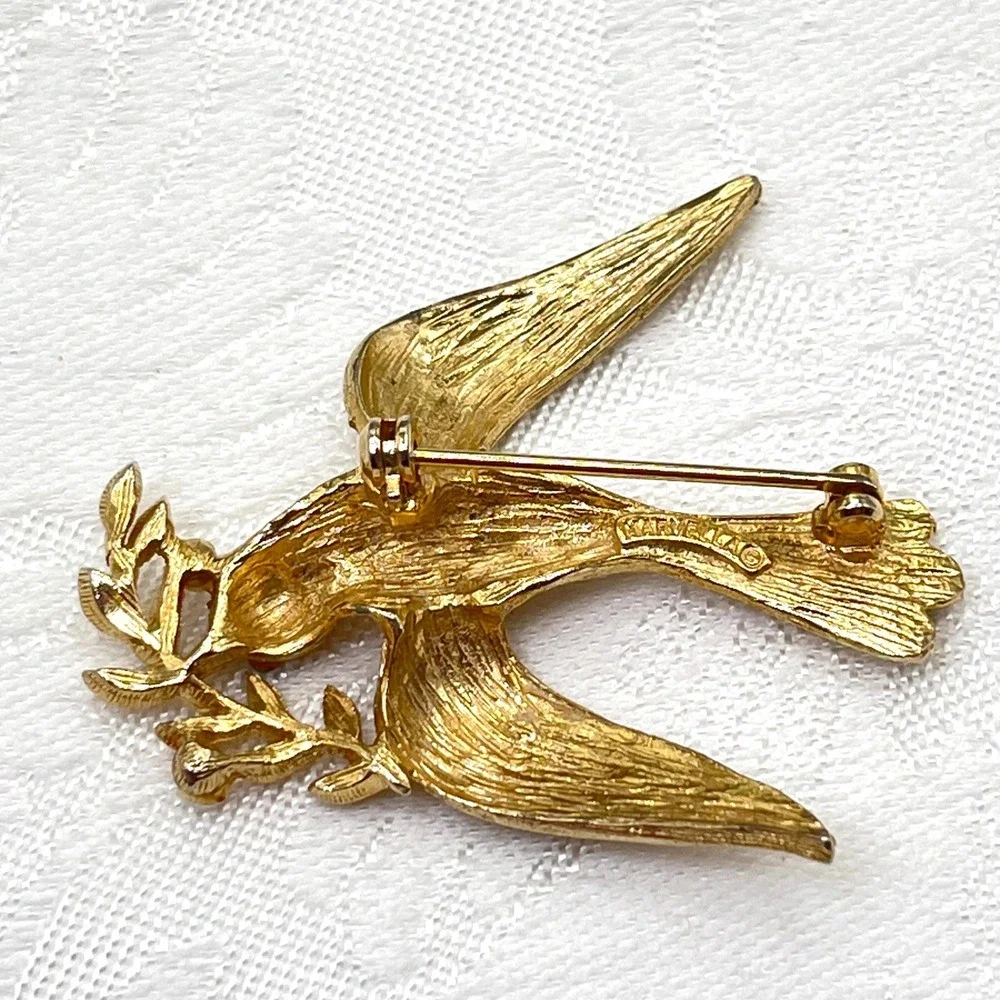 Vintage Marvella Bird w/ Olive‎ Branch Brooch w/ Faux Pearls and Rhinestones